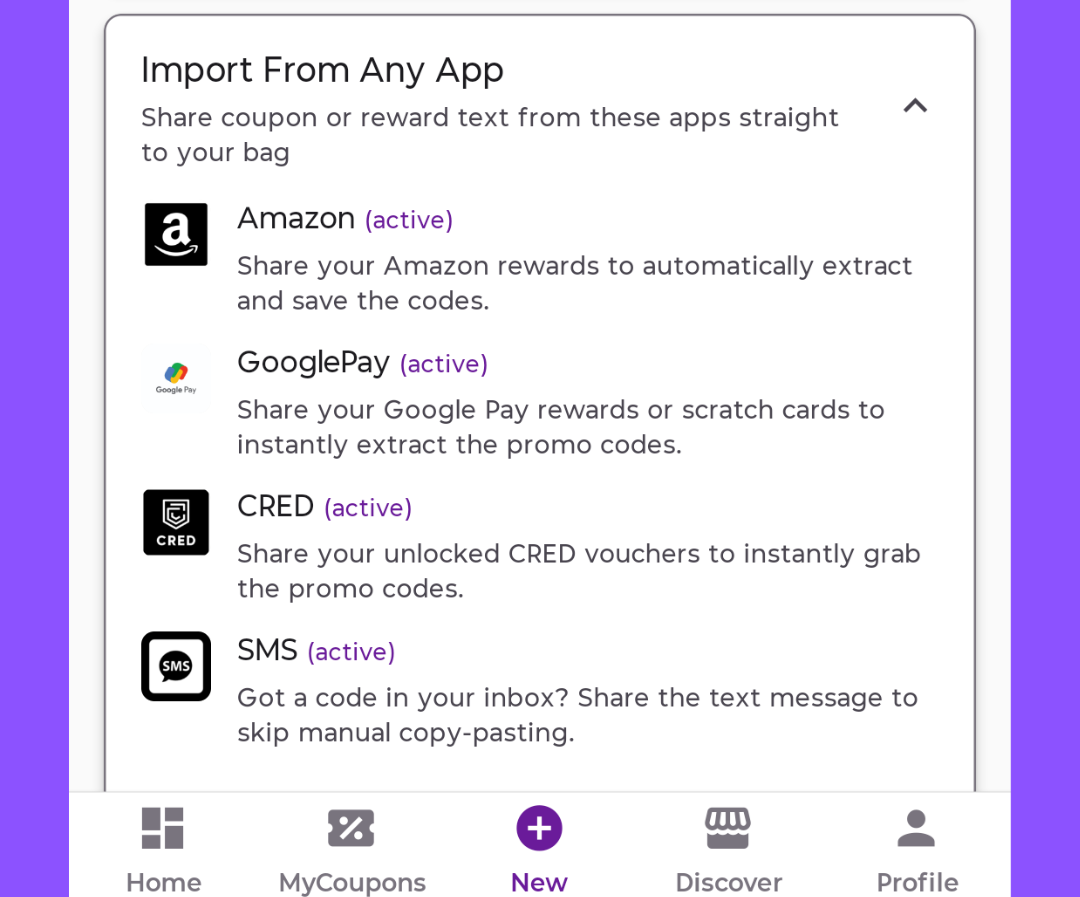 MyCouponBag Import From Any App: share from Amazon, Google Pay, CRED, and SMS